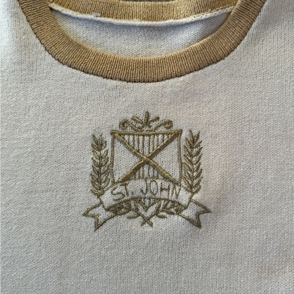 St John medium Santana Knit Sweater Cream Ivory with metallic gold crest